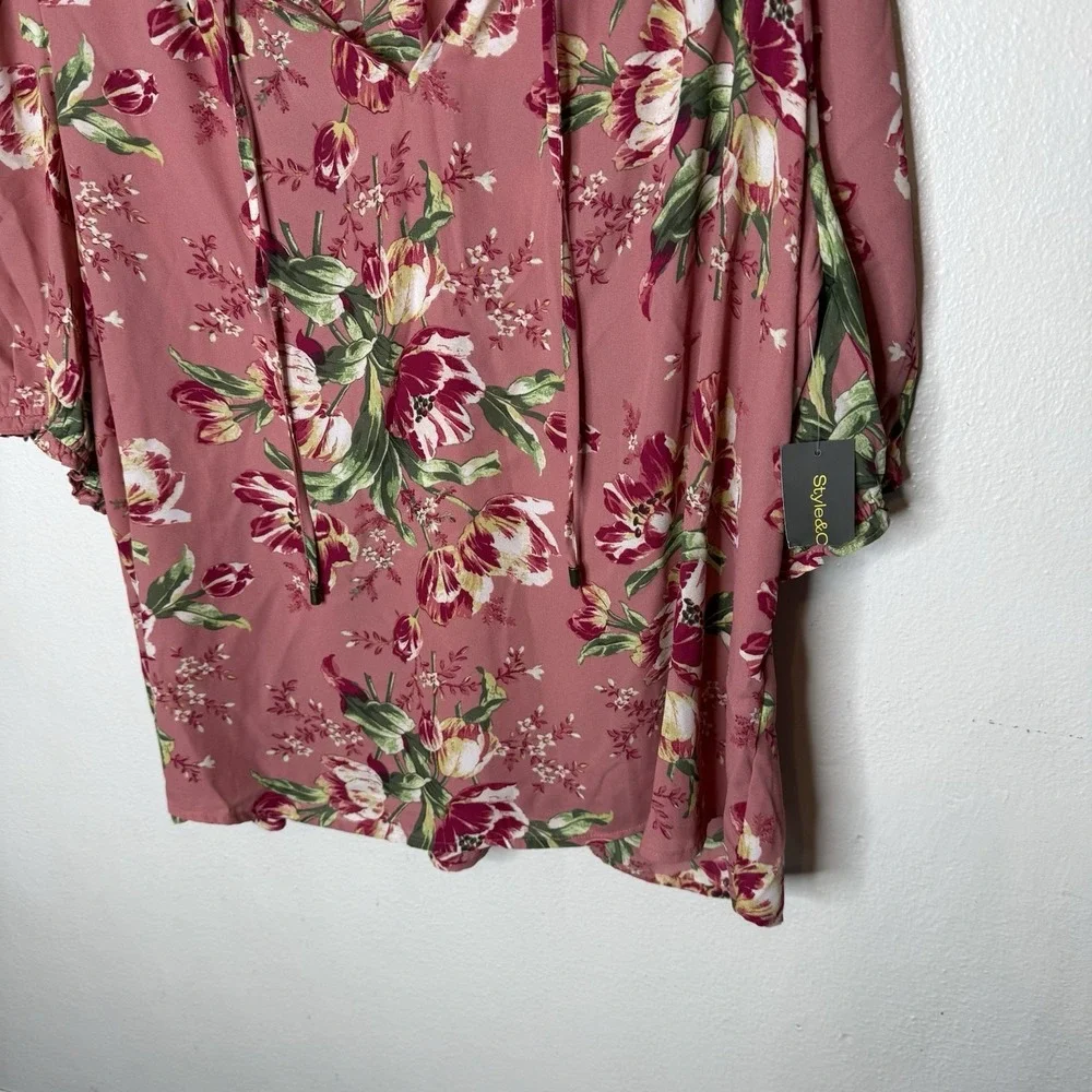 New Style And‎ Co Pink Ruffle Puff Sleeve V-neck Spring Top Blouse Womens 3X
